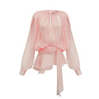 Eugénie Fully Pleated Ruffled Mini Dress Neck Tie Long Sleeve Detail Pink