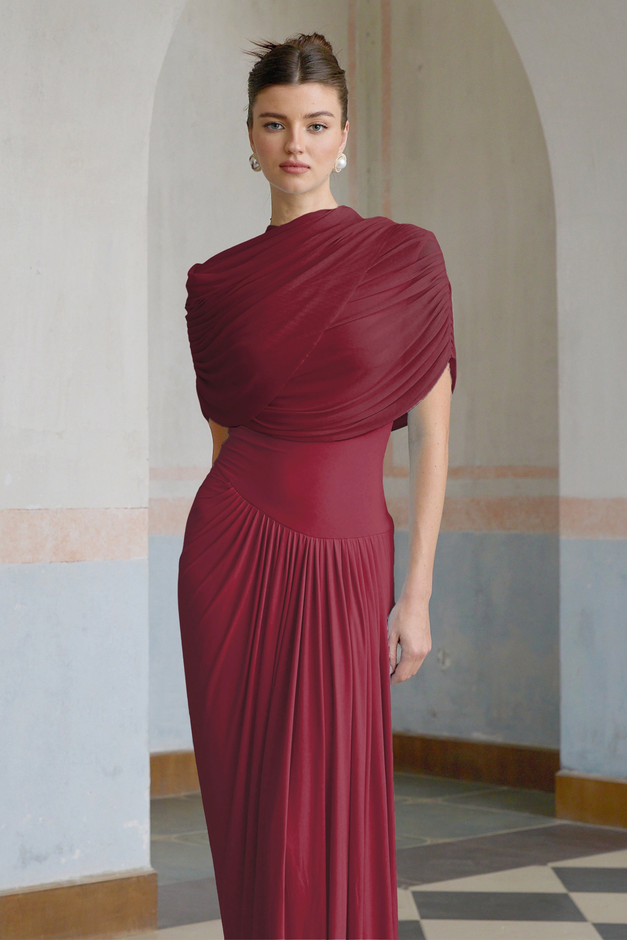 Catherine Asymmetrical Pleated Maxi Dress Crew Neck Sleeveless Mesh Detail Red