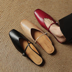 Women's Leather Mary Jane Mules Square Toe Buckled Strap