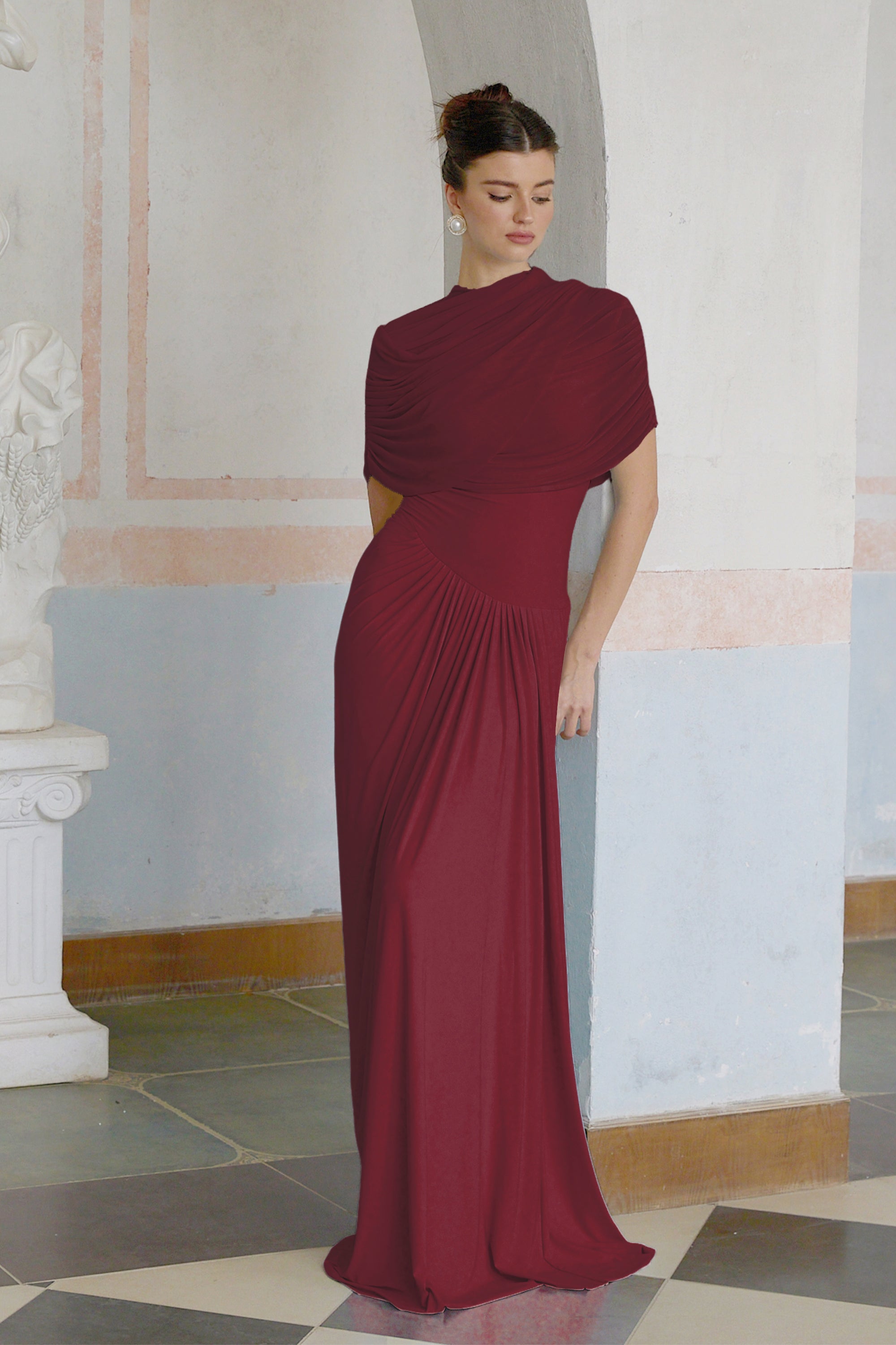 Catherine Asymmetrical Pleated Maxi Dress Crew Neck Sleeveless Mesh Detail Red
