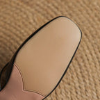 Women's Leather Mules Square Toe Block Heel Slip-On