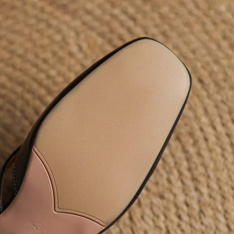 Women's Leather Mules Square Toe Block Heel Slip-On