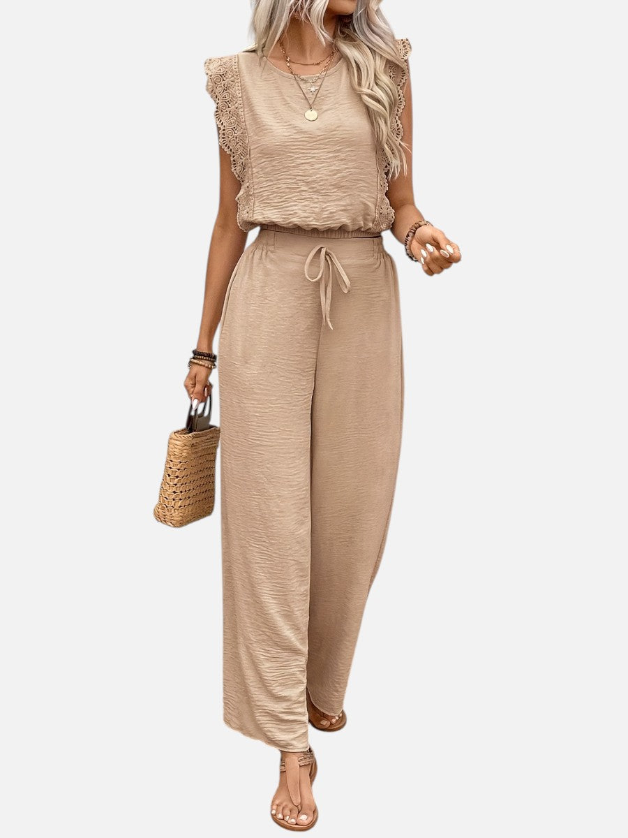 Women's Relaxed Sleeveless Top Wide-Leg Trouser Set Two-Piece Beige