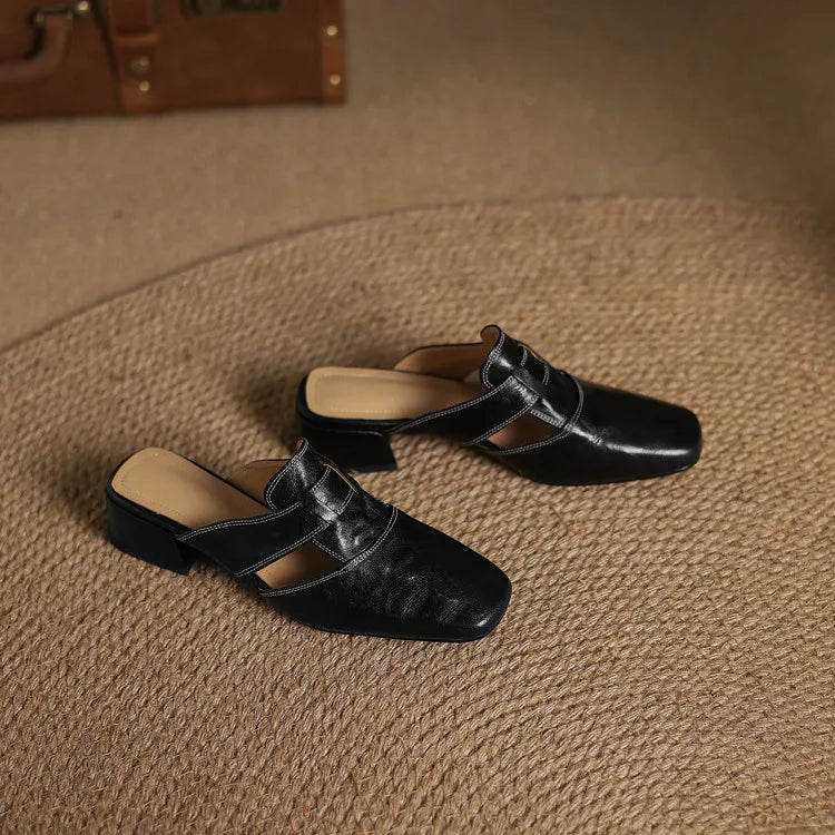 Women's Leather Mules Square Toe Block Heel Slip-On