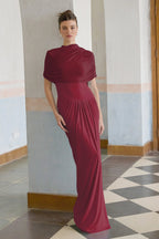 Catherine Asymmetrical Pleated Maxi Dress Crew Neck Sleeveless Mesh Detail Red