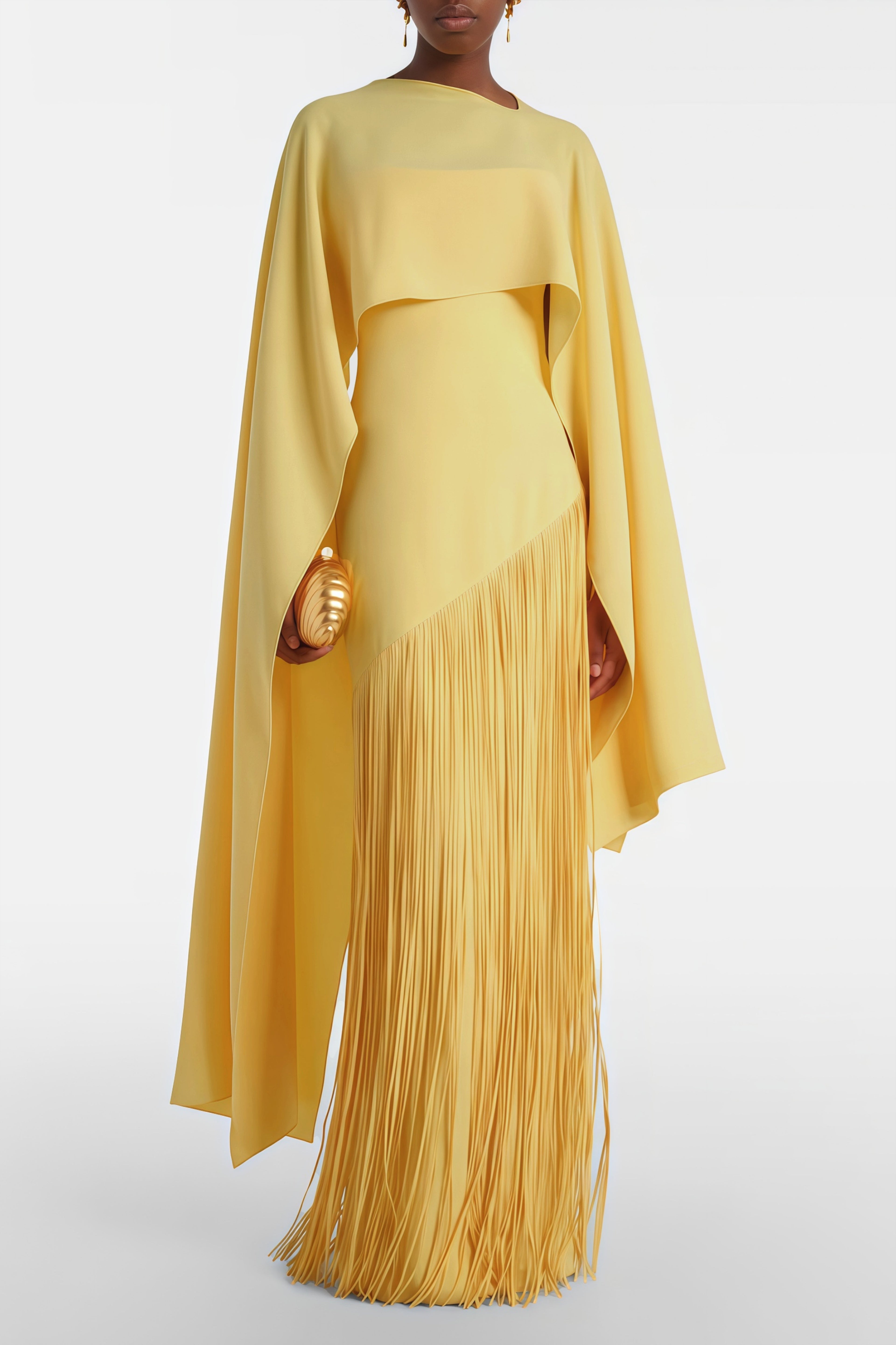 Cayetana Fringed Maxi Dress Sleeveless Detachable Shawl Detail Yellow