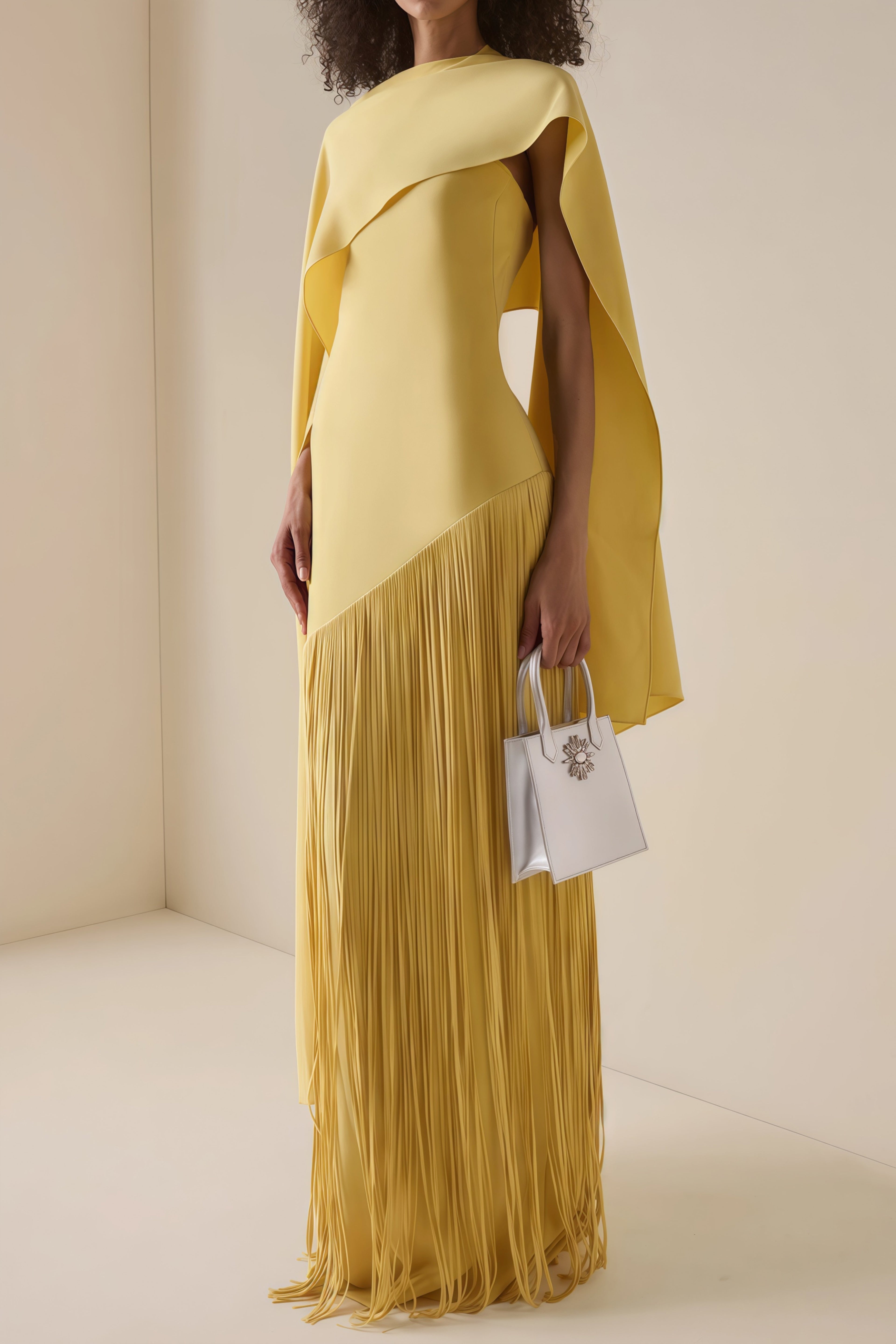 Cayetana Fringed Maxi Dress Sleeveless Detachable Shawl Detail Yellow