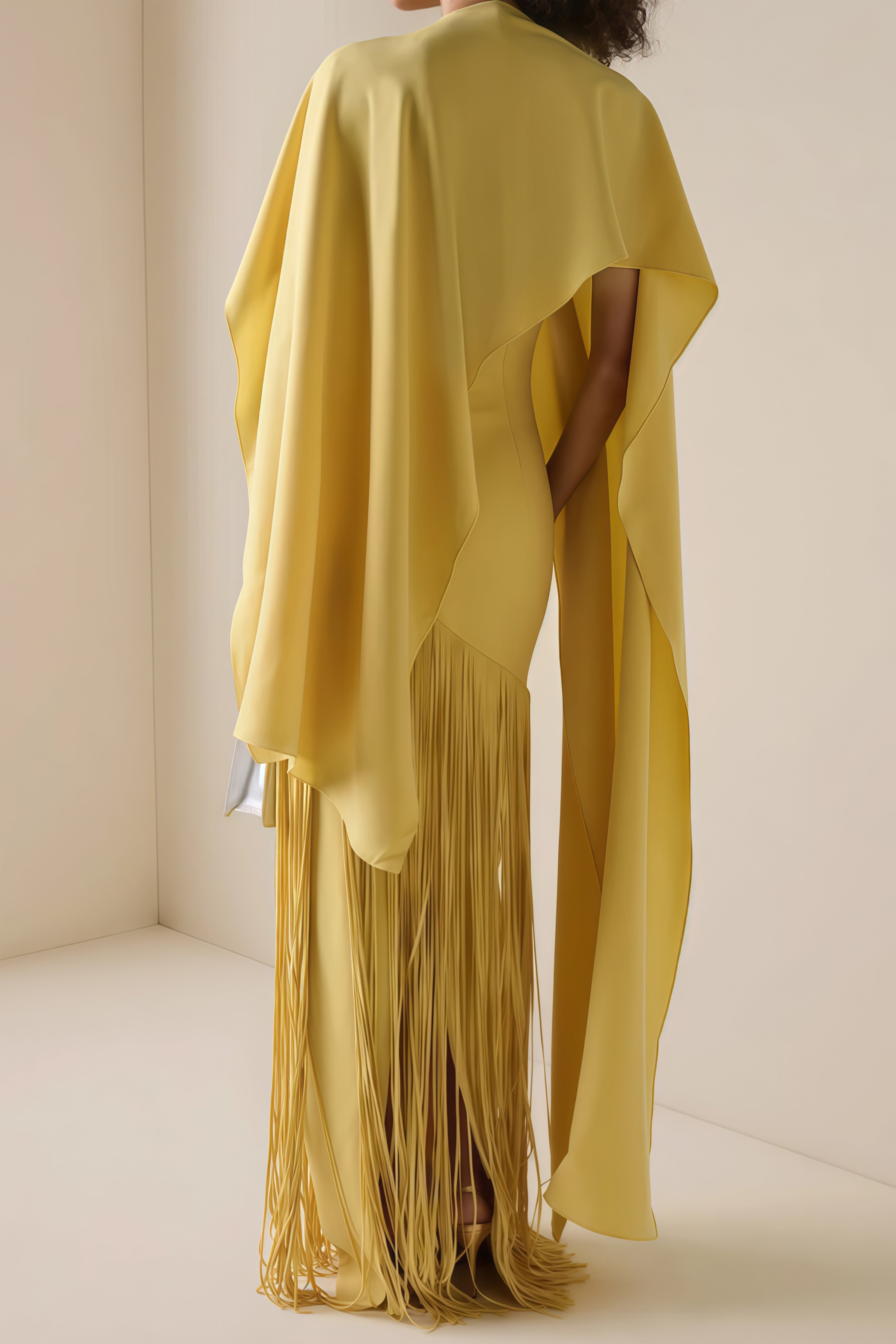 Cayetana Fringed Maxi Dress Sleeveless Detachable Shawl Detail Yellow