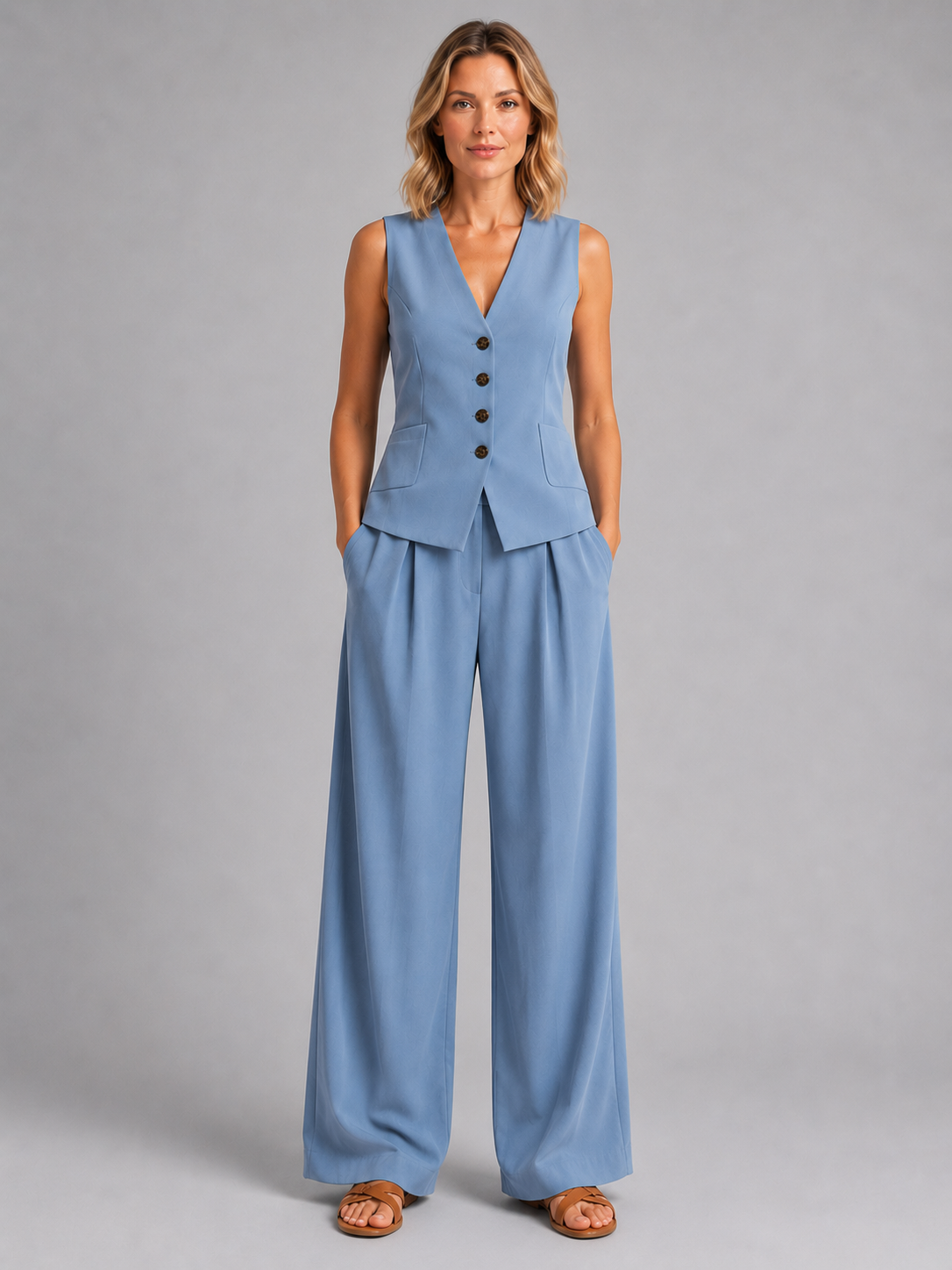 Women's Sleeveless Tailored Waistcoat Wide-Leg Trouser Set Two-Piece Light Blue