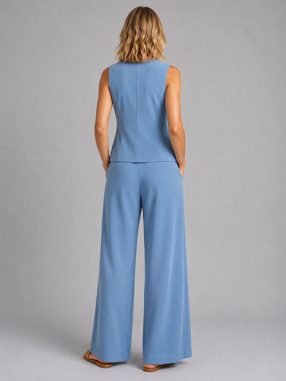 Women's Sleeveless Tailored Waistcoat Wide-Leg Trouser Set Two-Piece Light Blue