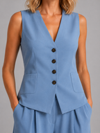 Women's Sleeveless Tailored Waistcoat Wide-Leg Trouser Set Two-Piece Light Blue