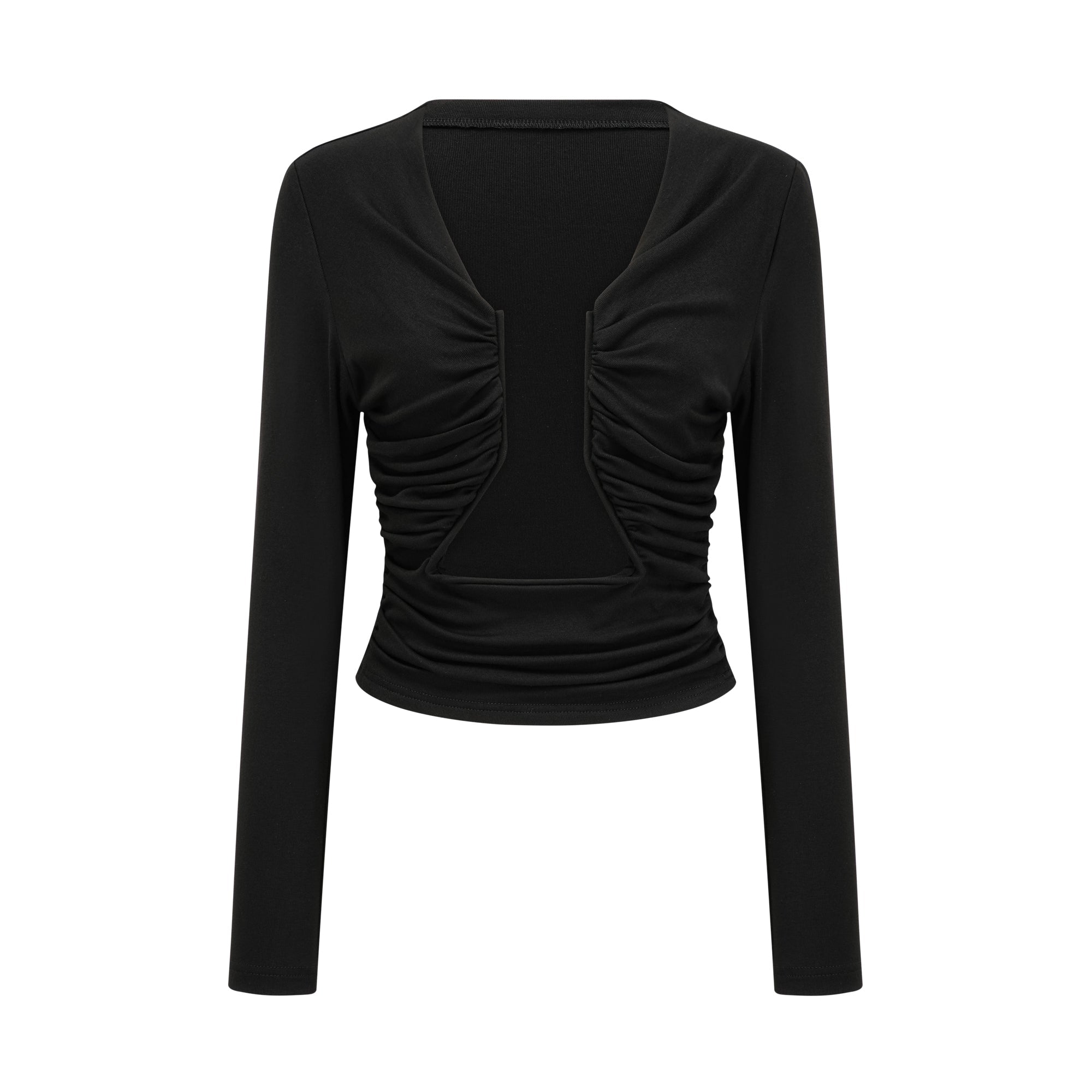 Anaïs Open-Front Gathered Top V-Neck Long Sleeve Boned Design Detail Black