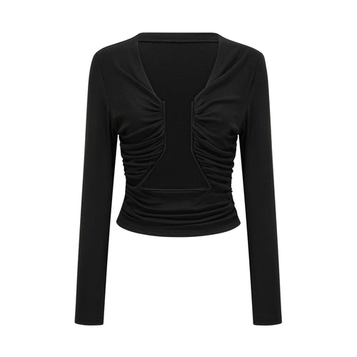 Anaïs Open-Front Gathered Top V-Neck Long Sleeve Boned Design Detail Black