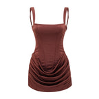 Paulette Ruched Bodycon Mini Dress Scoop Neck Sleeveless Lace-Up Detail Brown