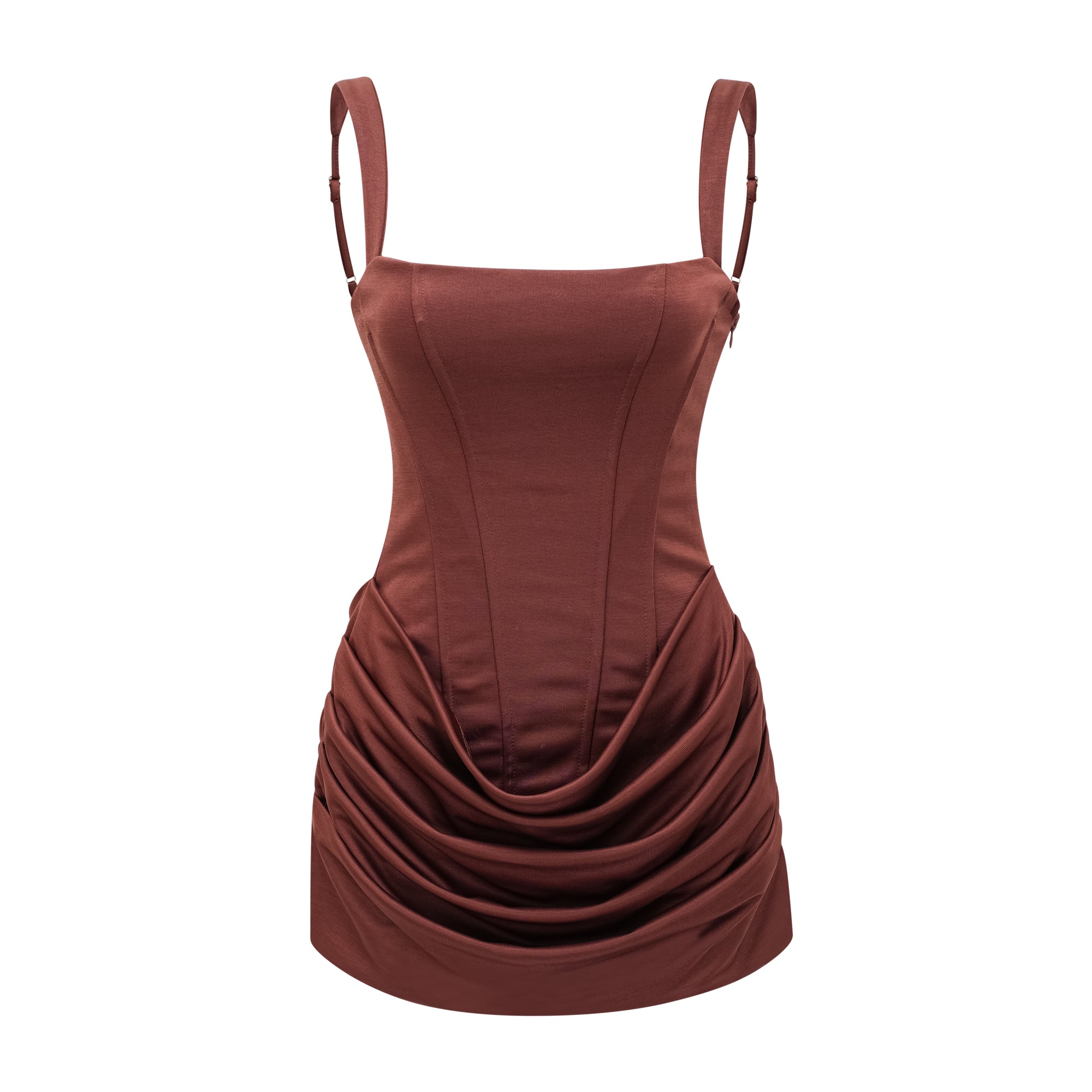 Paulette Ruched Bodycon Mini Dress Scoop Neck Sleeveless Lace-Up Detail Brown