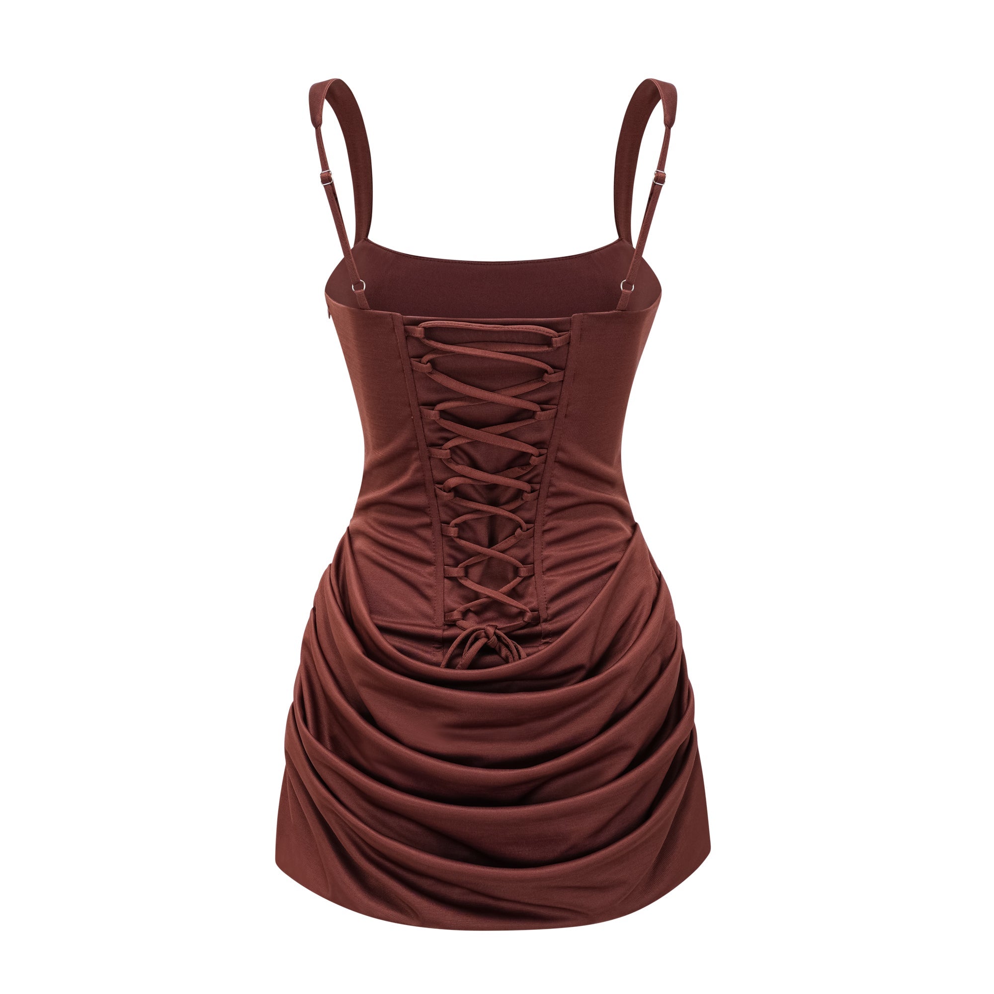 Paulette Ruched Bodycon Mini Dress Scoop Neck Sleeveless Lace-Up Detail Brown