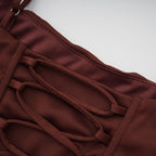 Paulette Ruched Bodycon Mini Dress Scoop Neck Sleeveless Lace-Up Detail Brown