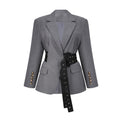Thérèse Belted Waist Blazer Long Sleeve Buttoned Cuffs Detail Grey