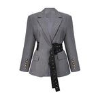 Thérèse Belted Waist Blazer Long Sleeve Buttoned Cuffs Detail Grey