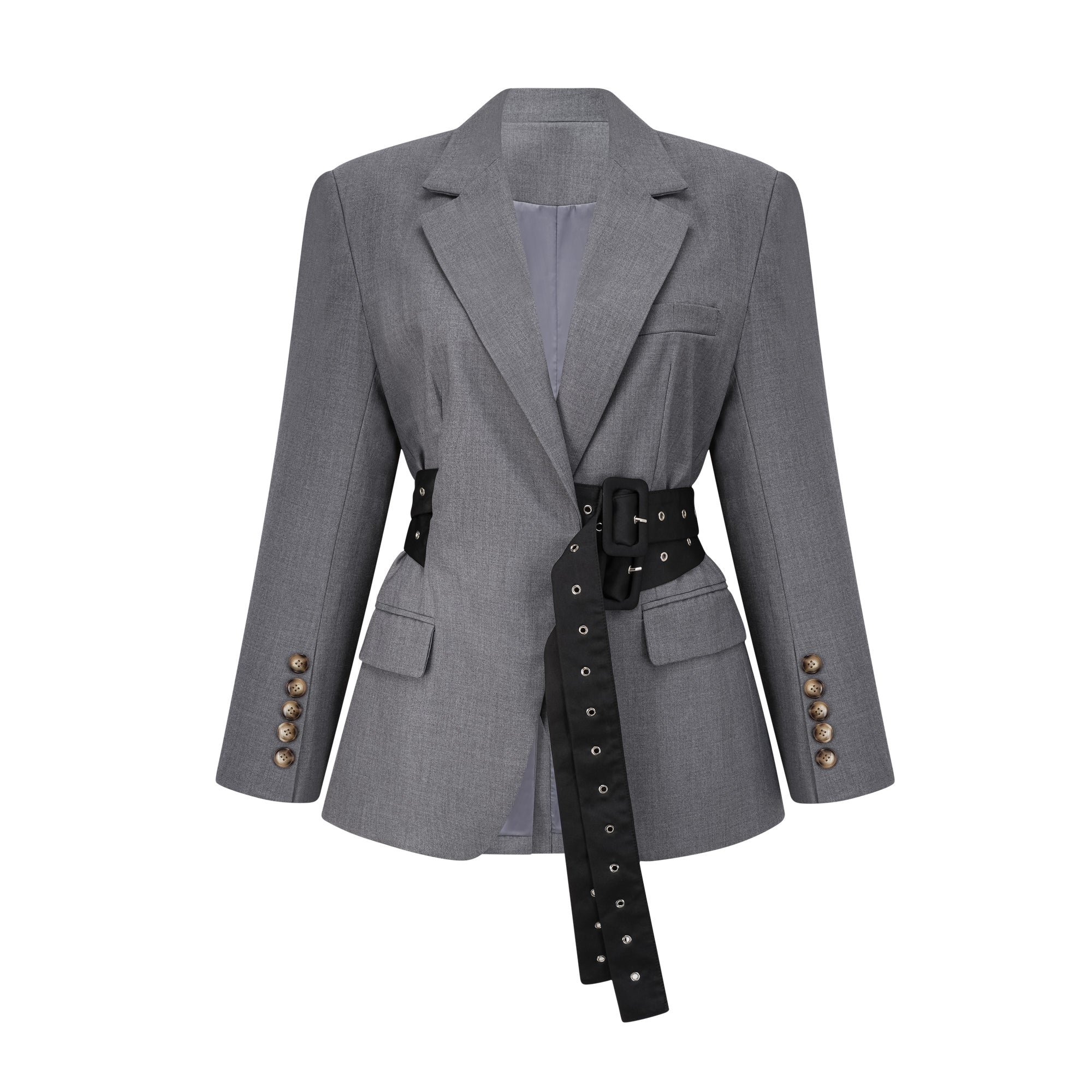 Thérèse Belted Waist Blazer Long Sleeve Buttoned Cuffs Detail Grey