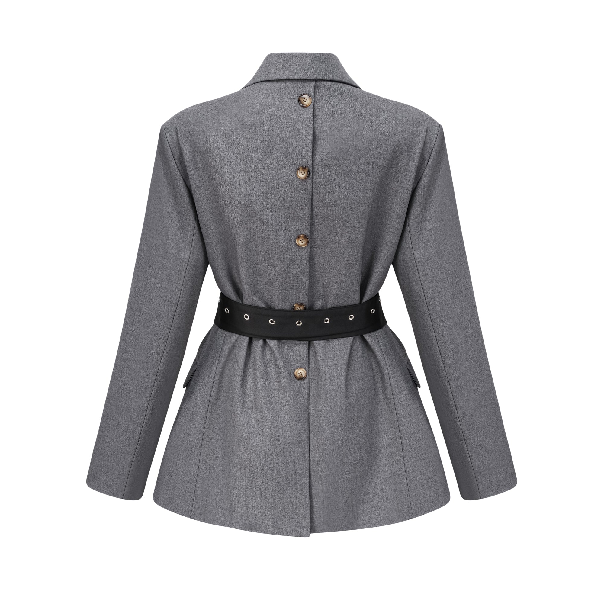 Thérèse Belted Waist Blazer Long Sleeve Buttoned Cuffs Detail Grey