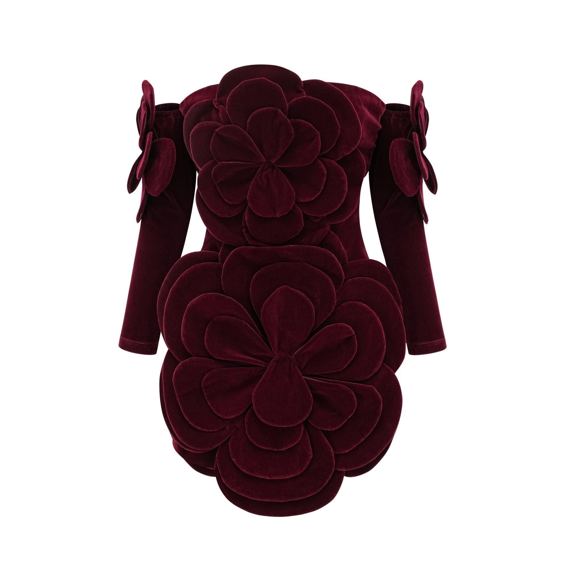 Azura Floral Appliqué Mini Dress Off-Shoulder Long Sleeve Detail Red