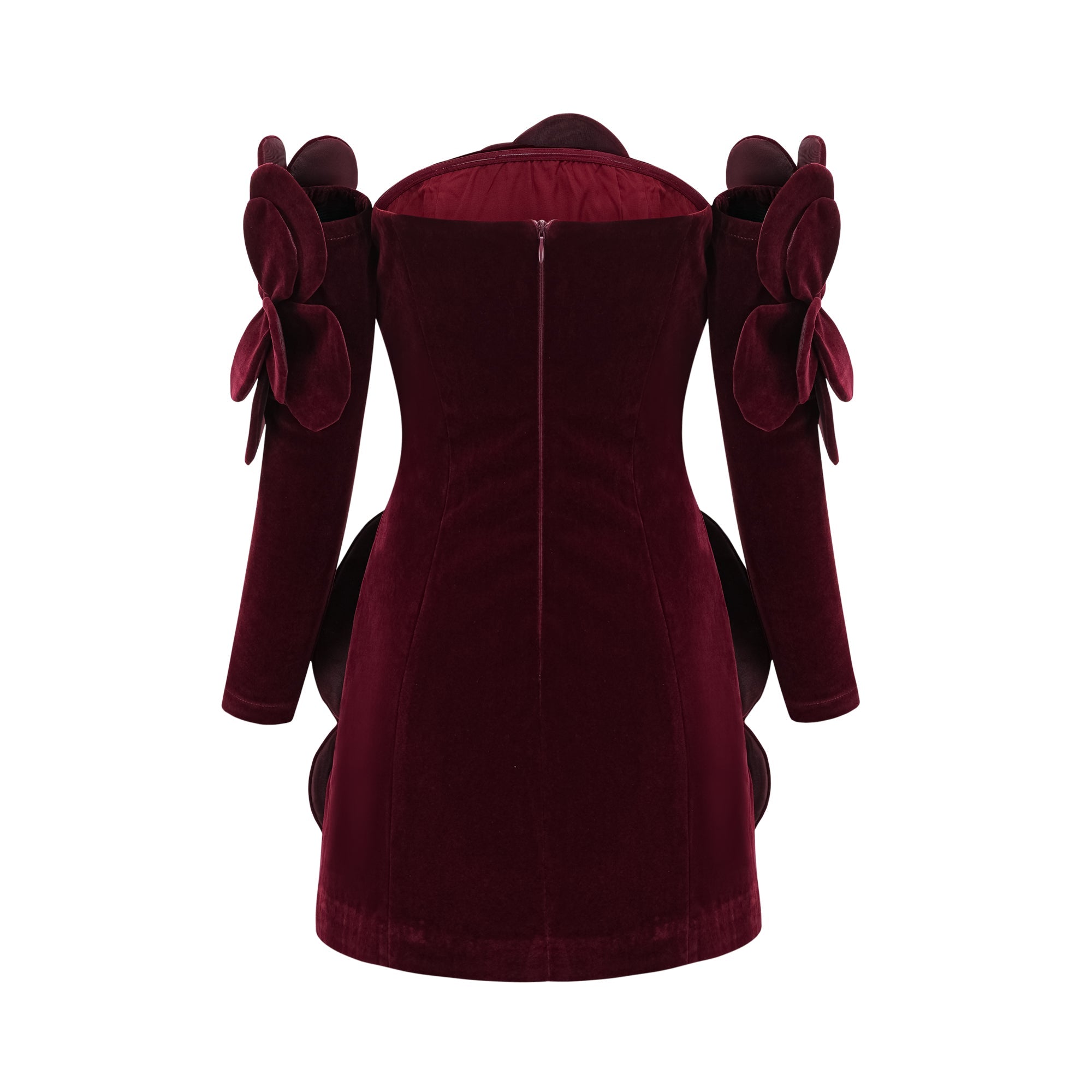 Azura Floral Appliqué Mini Dress Off-Shoulder Long Sleeve Detail Red