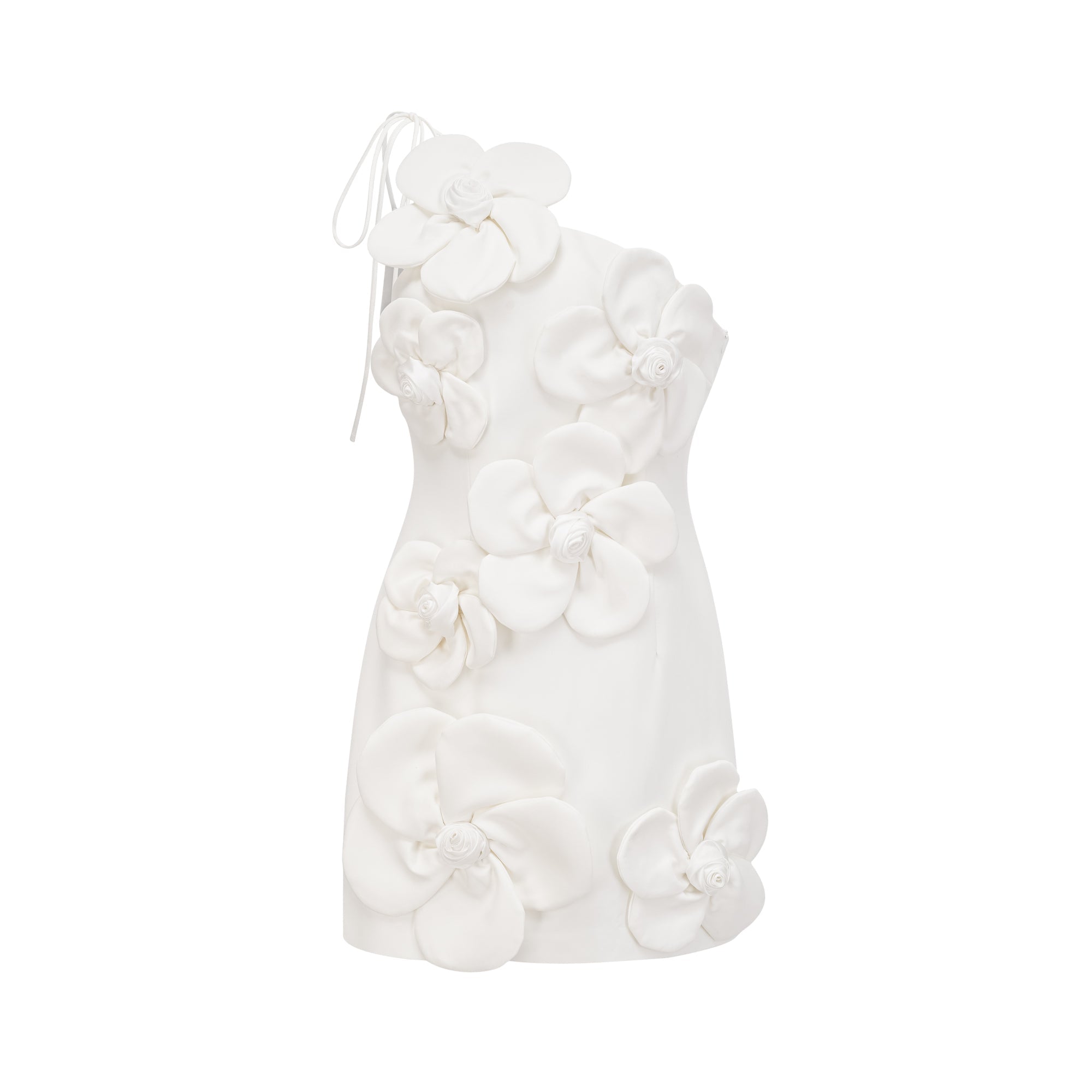 Liane Floral Off-Shoulder Mini Dress Sleeveless Asymmetrical Faux-Flower Detail White