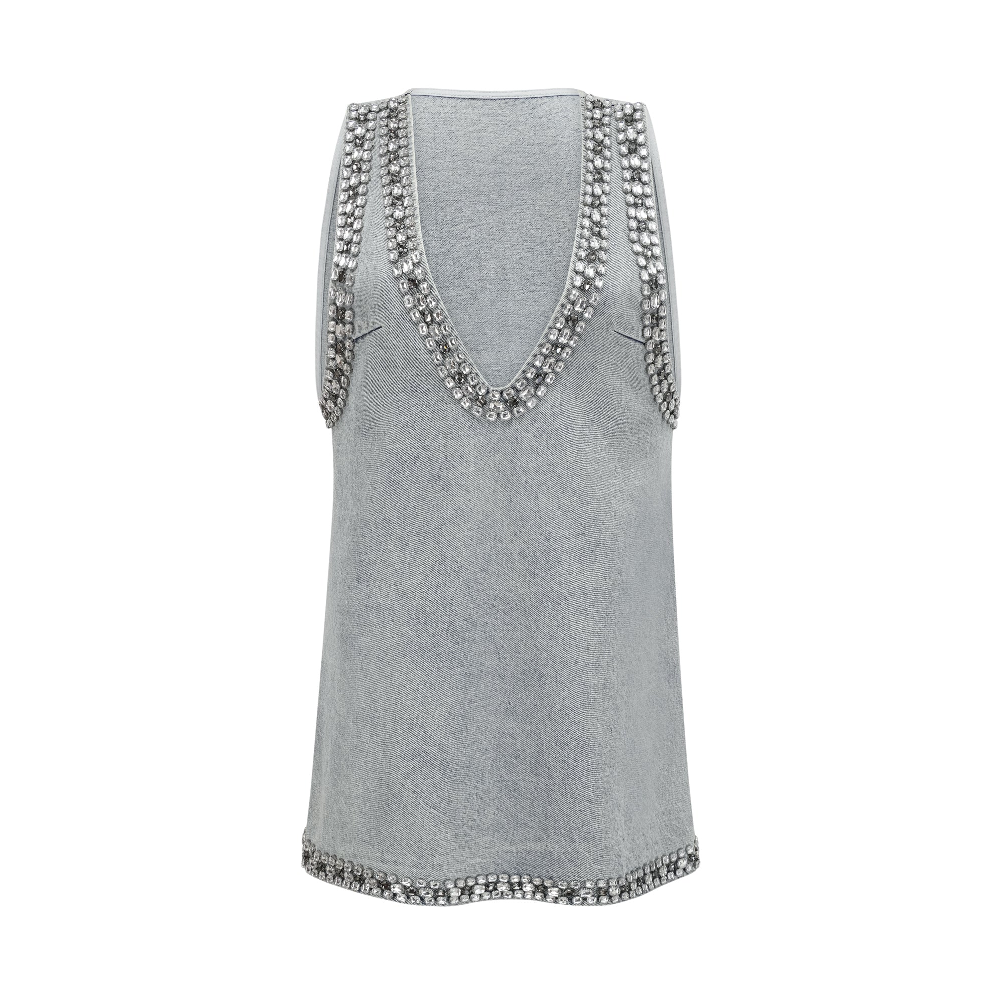 Daphné Crystal Sleeveless Denim Mini Dress Plunging V-Neck A-Line Detail Blue