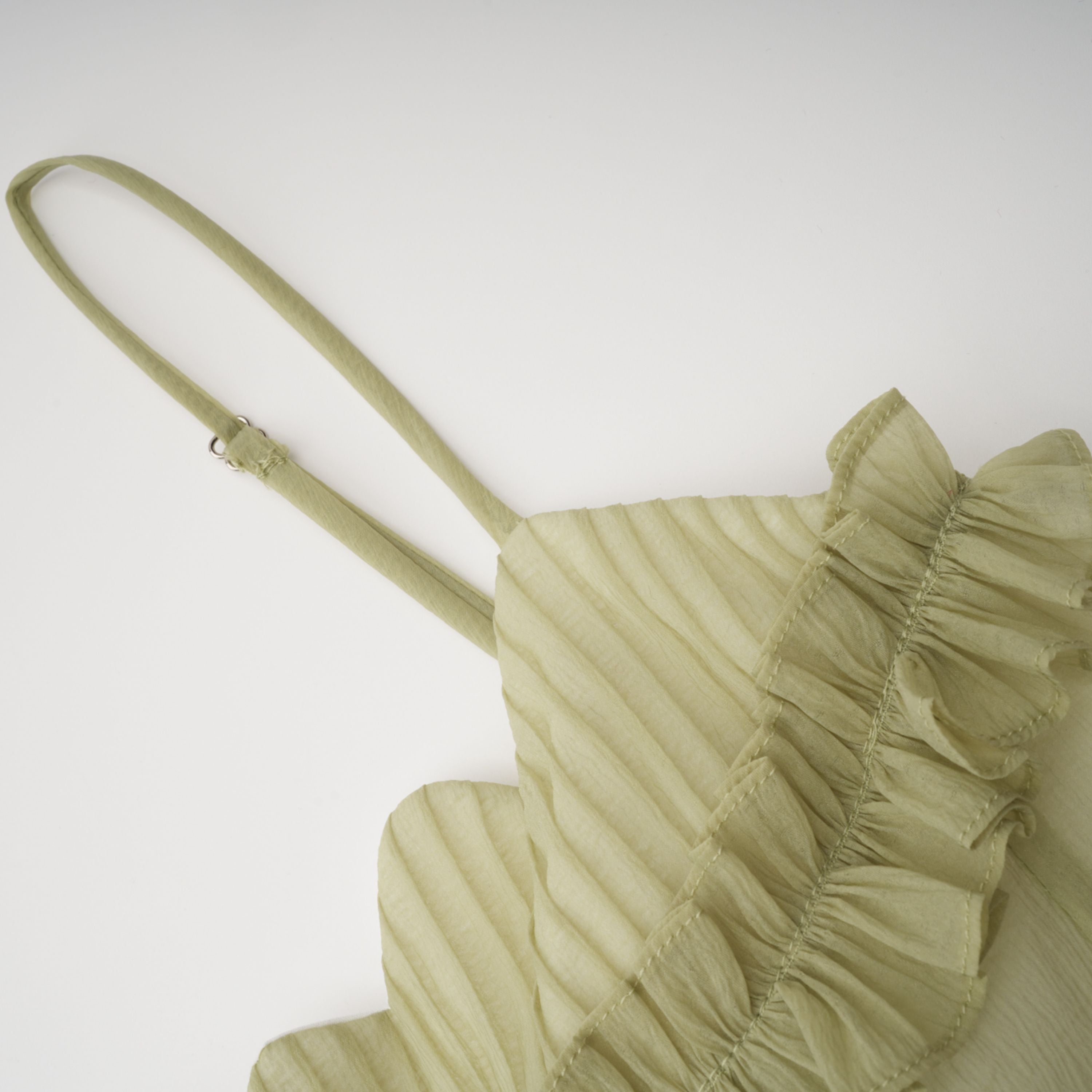 Matcha Ruffled Shirred Tulle Maxi Dress Sleeveless Smocked Panel Detail Green