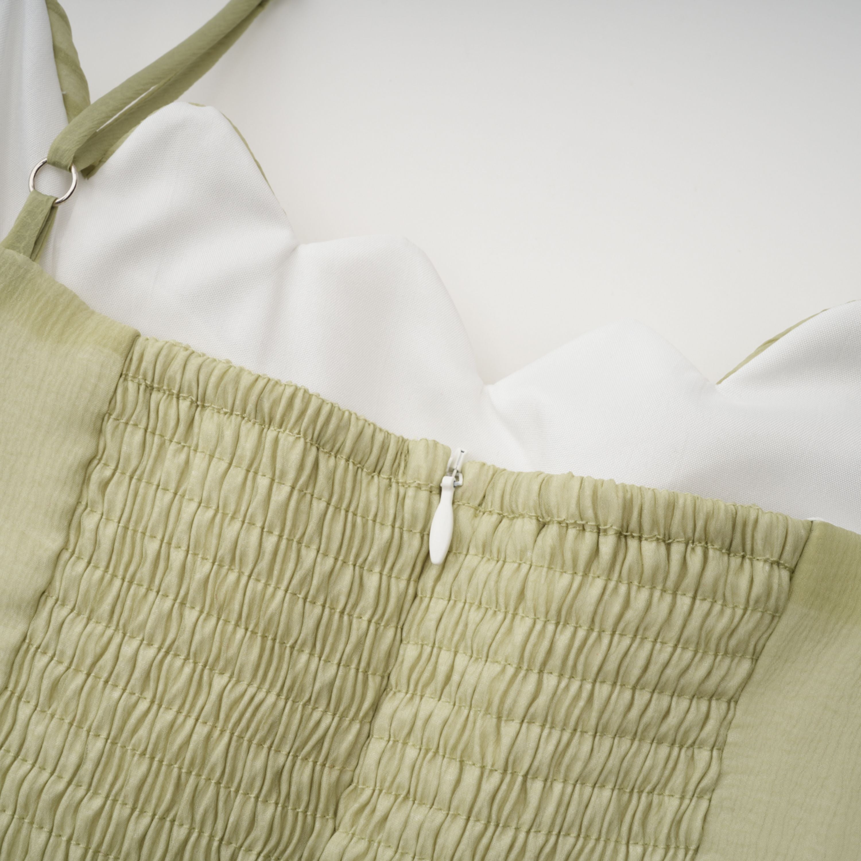 Matcha Ruffled Shirred Tulle Maxi Dress Sleeveless Smocked Panel Detail Green