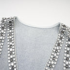 Daphné Crystal Sleeveless Denim Mini Dress Plunging V-Neck A-Line Detail Blue
