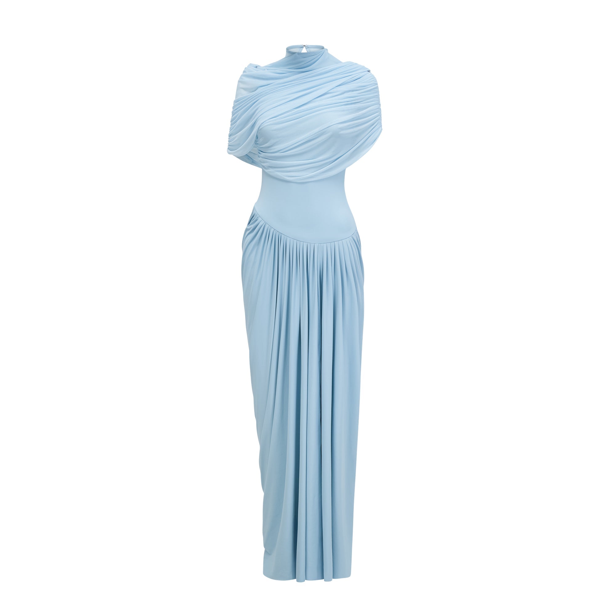 Catherine Asymmetrical Pleated Maxi Dress Sleeveless Mesh Shawl Baby Blue