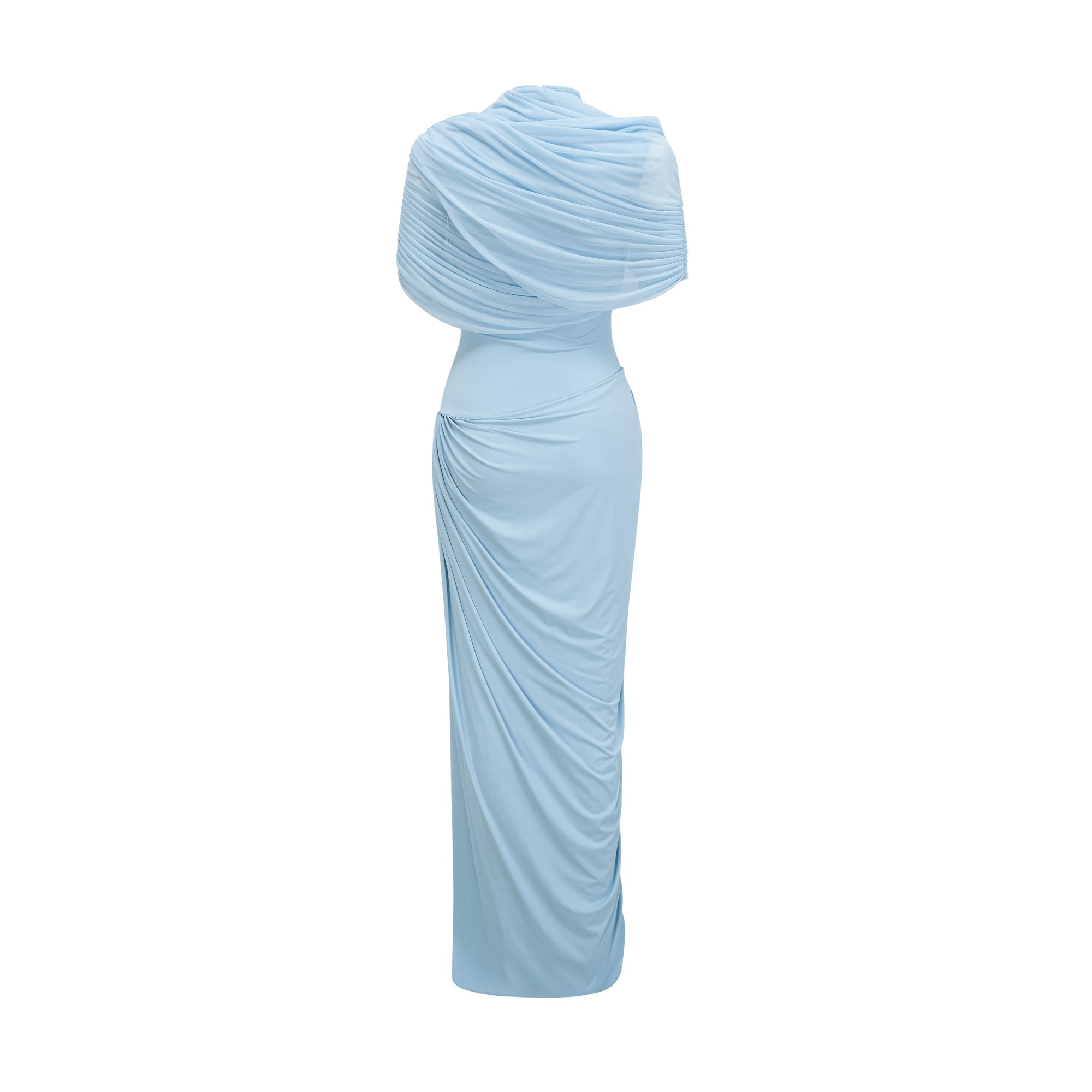 Catherine Asymmetrical Pleated Maxi Dress Sleeveless Mesh Shawl Baby Blue