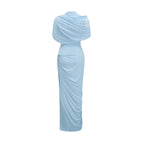 Catherine Asymmetrical Pleated Maxi Dress Sleeveless Mesh Shawl Baby Blue