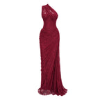 Stefania Floral Lace Maxi Gown One Shoulder High Slit Detail Red