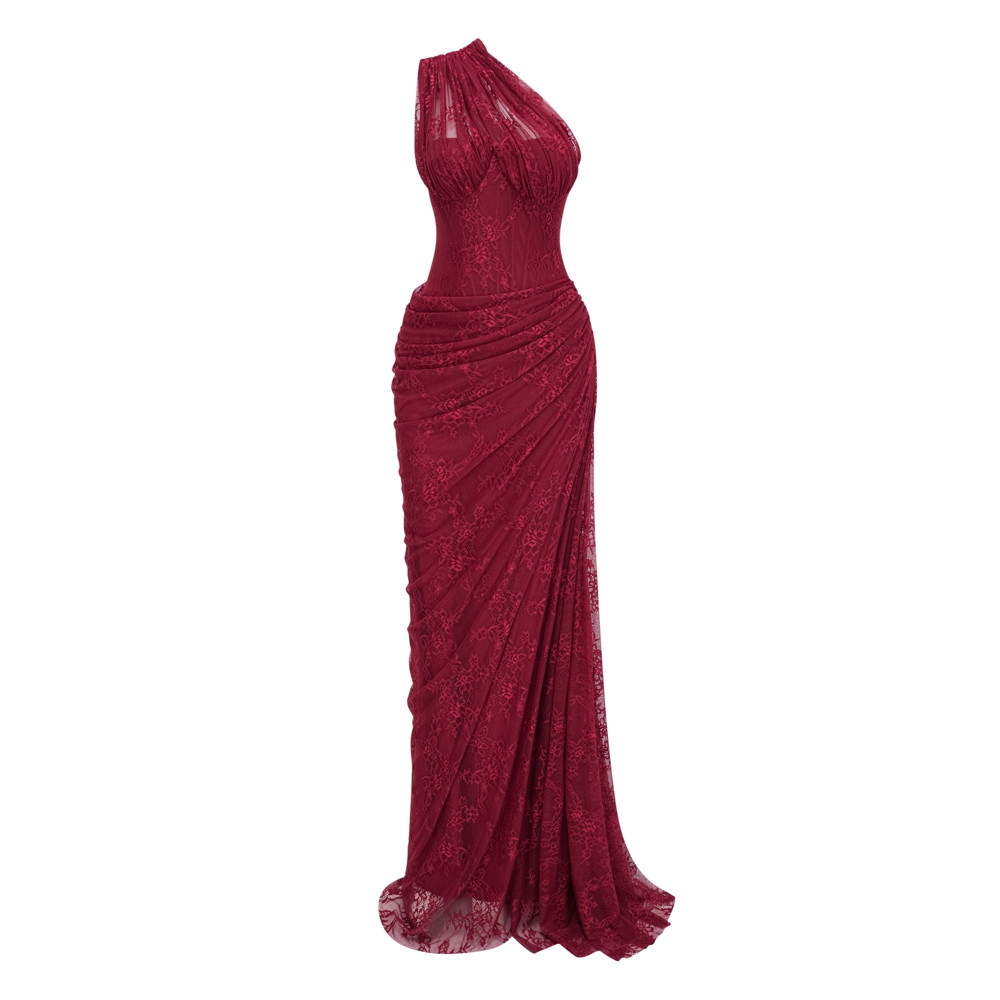 Stefania Floral Lace Maxi Gown One Shoulder High Slit Detail Red