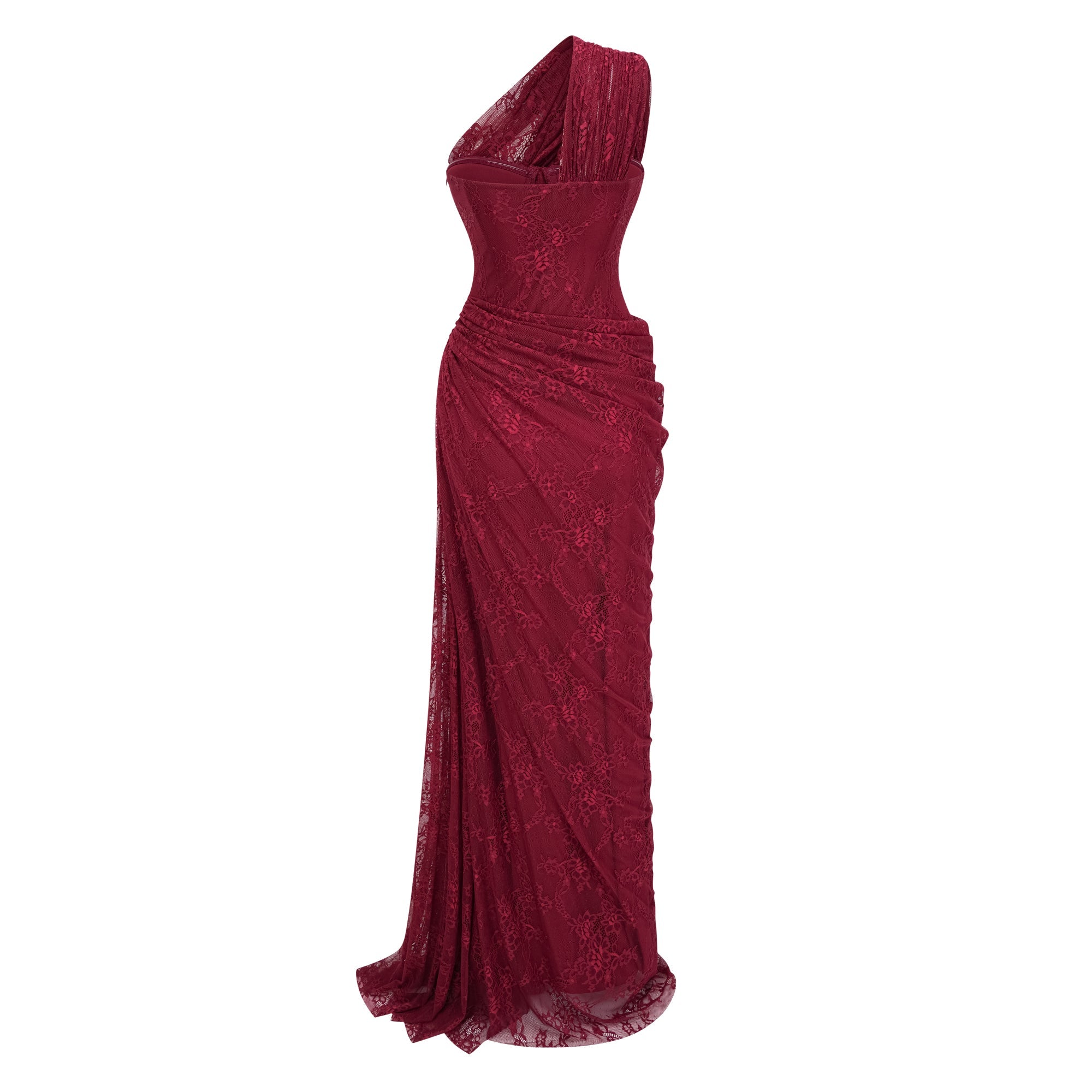 Stefania Floral Lace Maxi Gown One Shoulder High Slit Detail Red