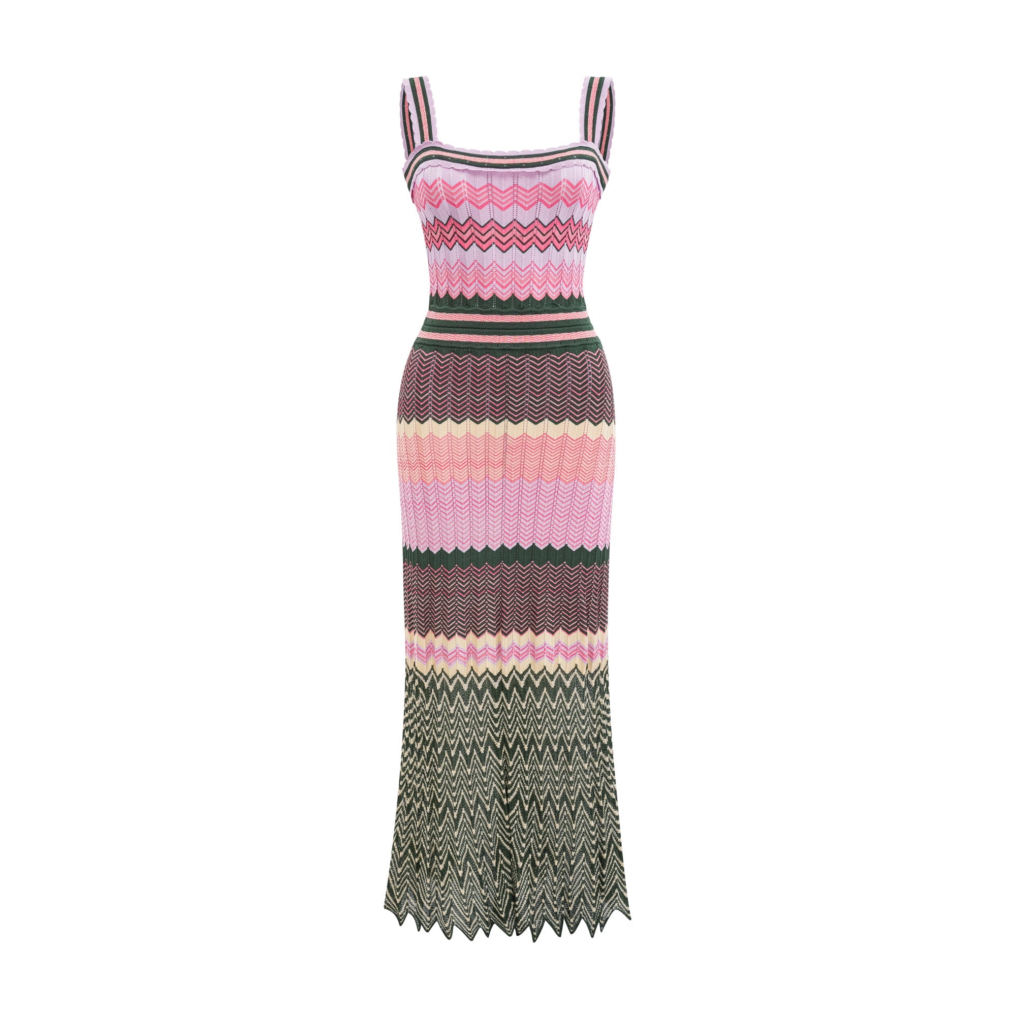 Daphne Contrast Color Knitted Midi Dress Sleeveless Scalloped Edge Detail Pink