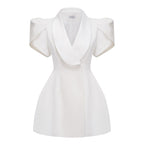 Acharya Shawl Lapel Mini Dress Short Puff Sleeve Button Detail White