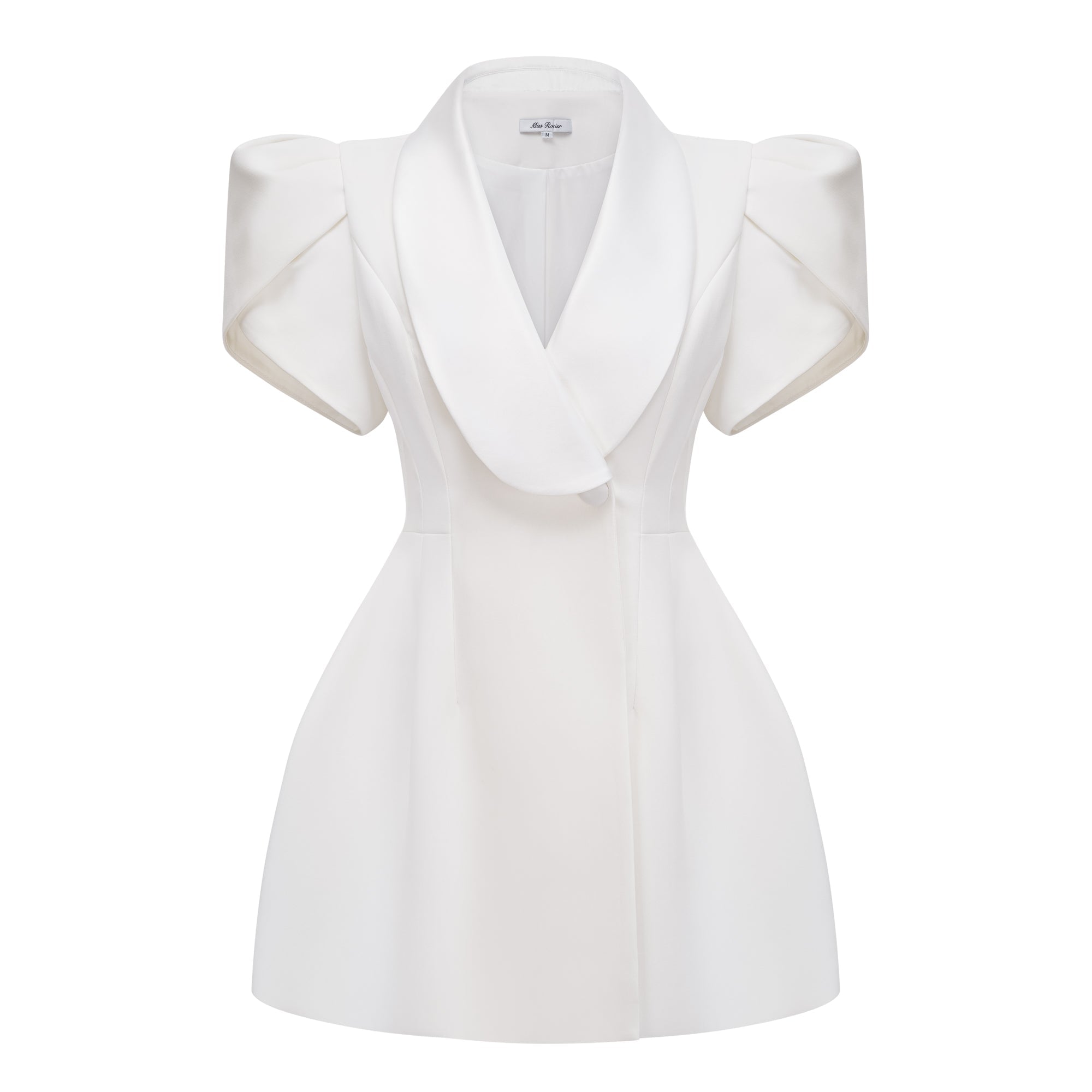Acharya Shawl Lapel Mini Dress Short Puff Sleeve Button Detail White