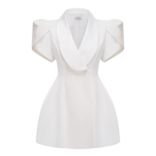 Acharya Shawl Lapel Mini Dress Short Puff Sleeve Button Detail White