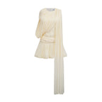 Cyrielle Pleated Mini Dress Round Neck Asymmetrical Ribbon Design Detail Neutrals