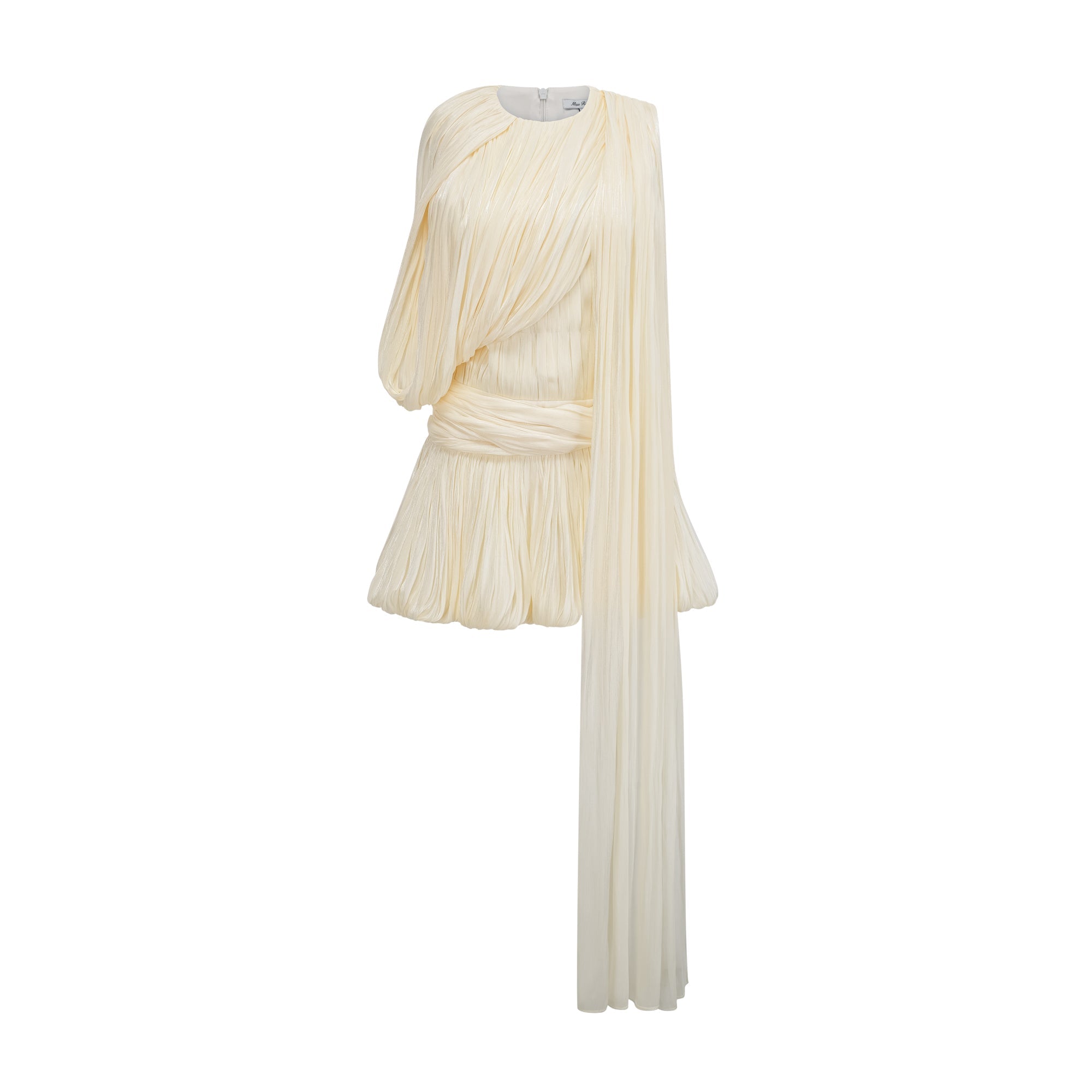 Cyrielle Pleated Mini Dress Round Neck Asymmetrical Ribbon Design Detail Neutrals