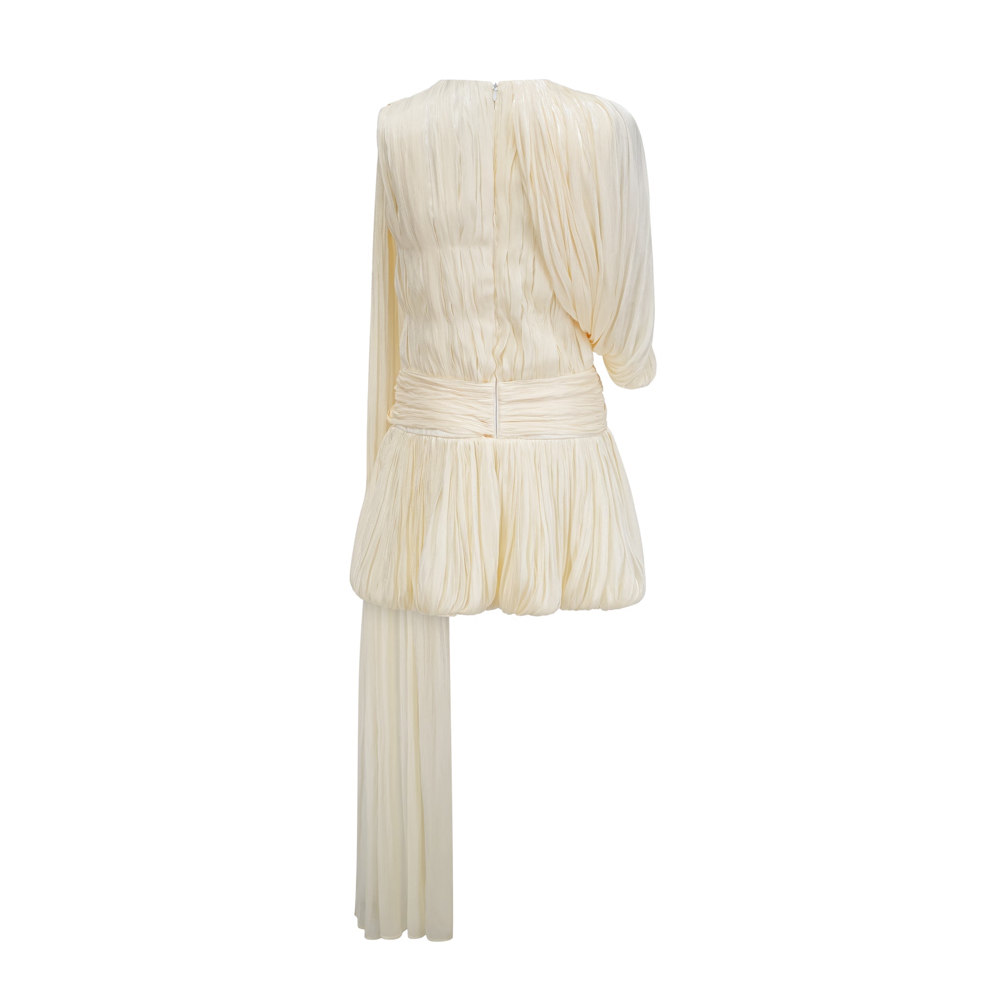 Cyrielle Pleated Mini Dress Round Neck Asymmetrical Ribbon Design Detail Neutrals