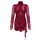 Théa Asymmetrical Ruched Mini Dress Mock Neck Long Sleeve Detail Burgundy
