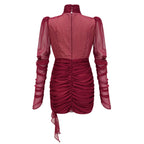 Théa Asymmetrical Ruched Mini Dress Mock Neck Long Sleeve Detail Burgundy