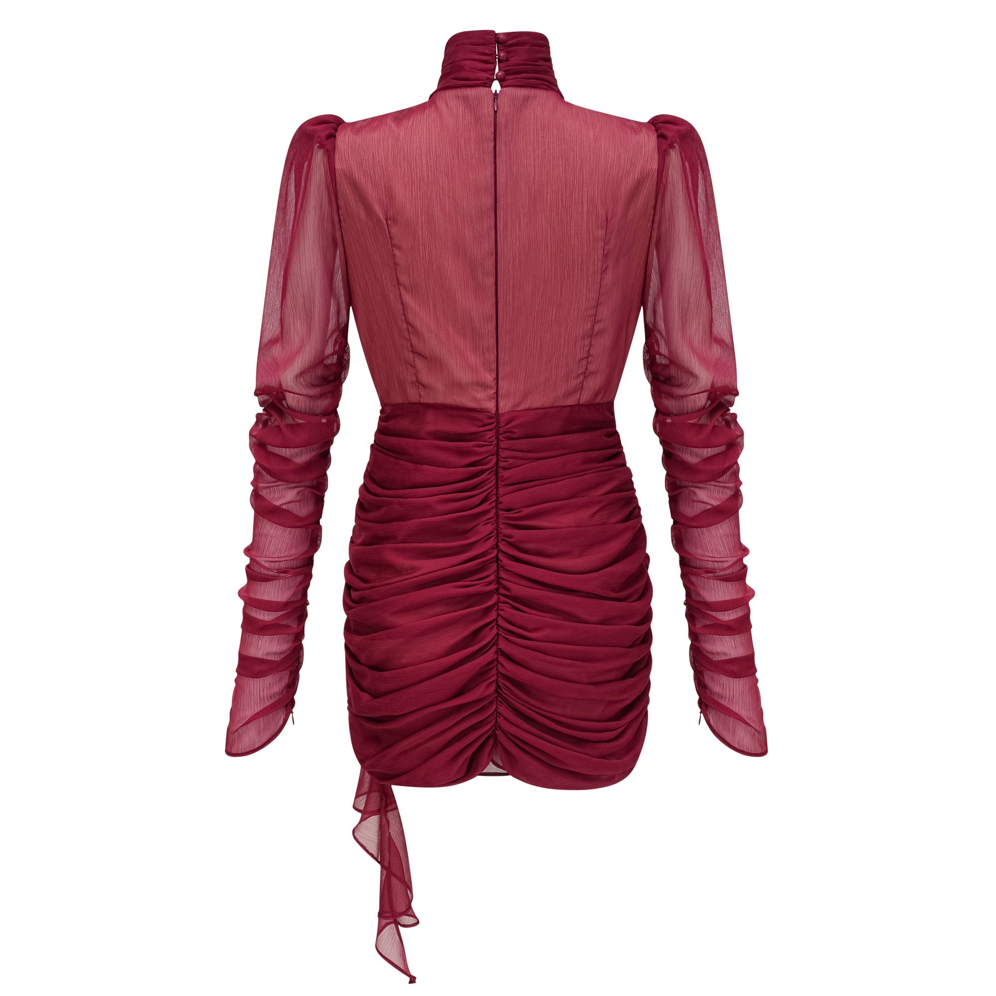 Théa Asymmetrical Ruched Mini Dress Mock Neck Long Sleeve Detail Burgundy