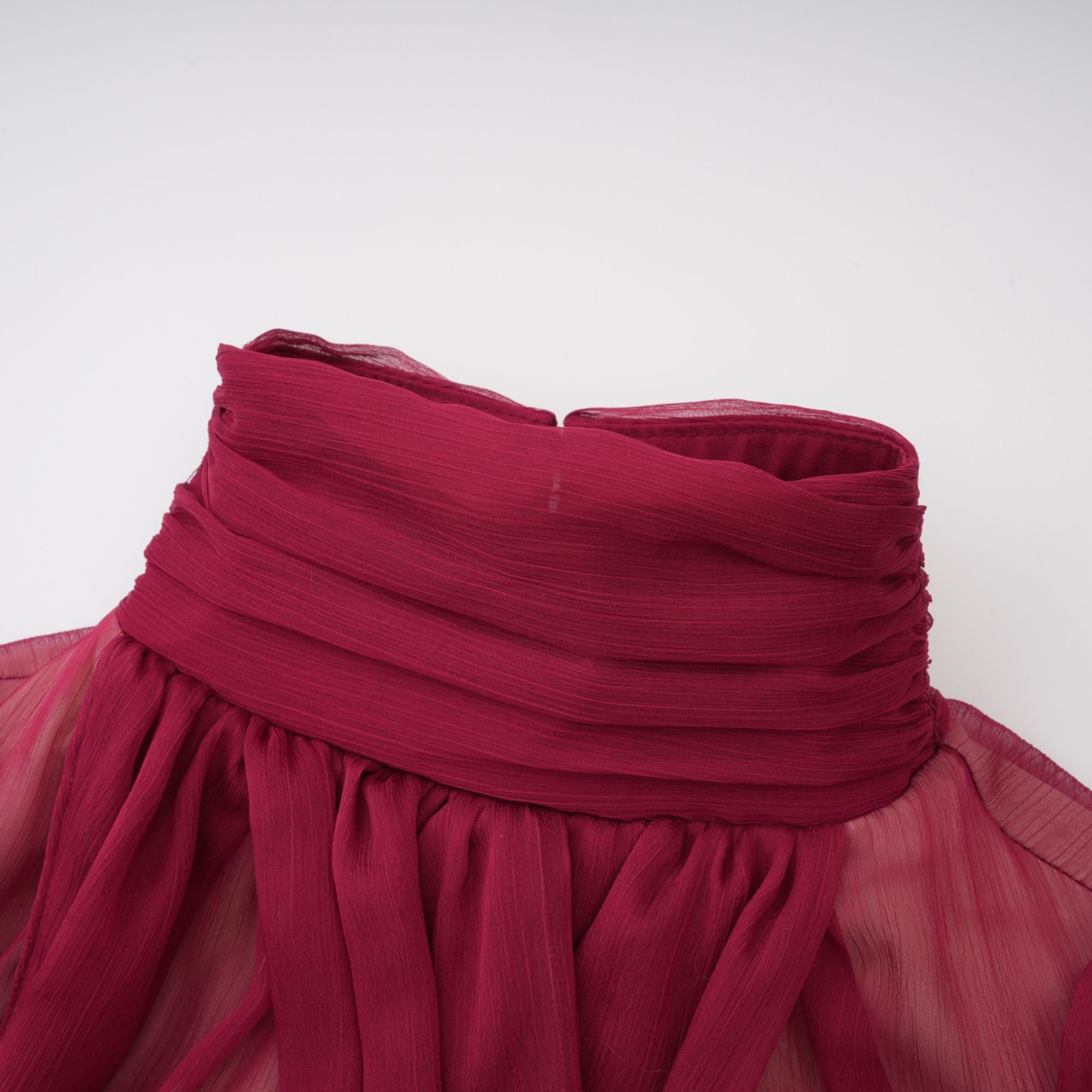 Théa Asymmetrical Ruched Mini Dress Mock Neck Long Sleeve Detail Burgundy