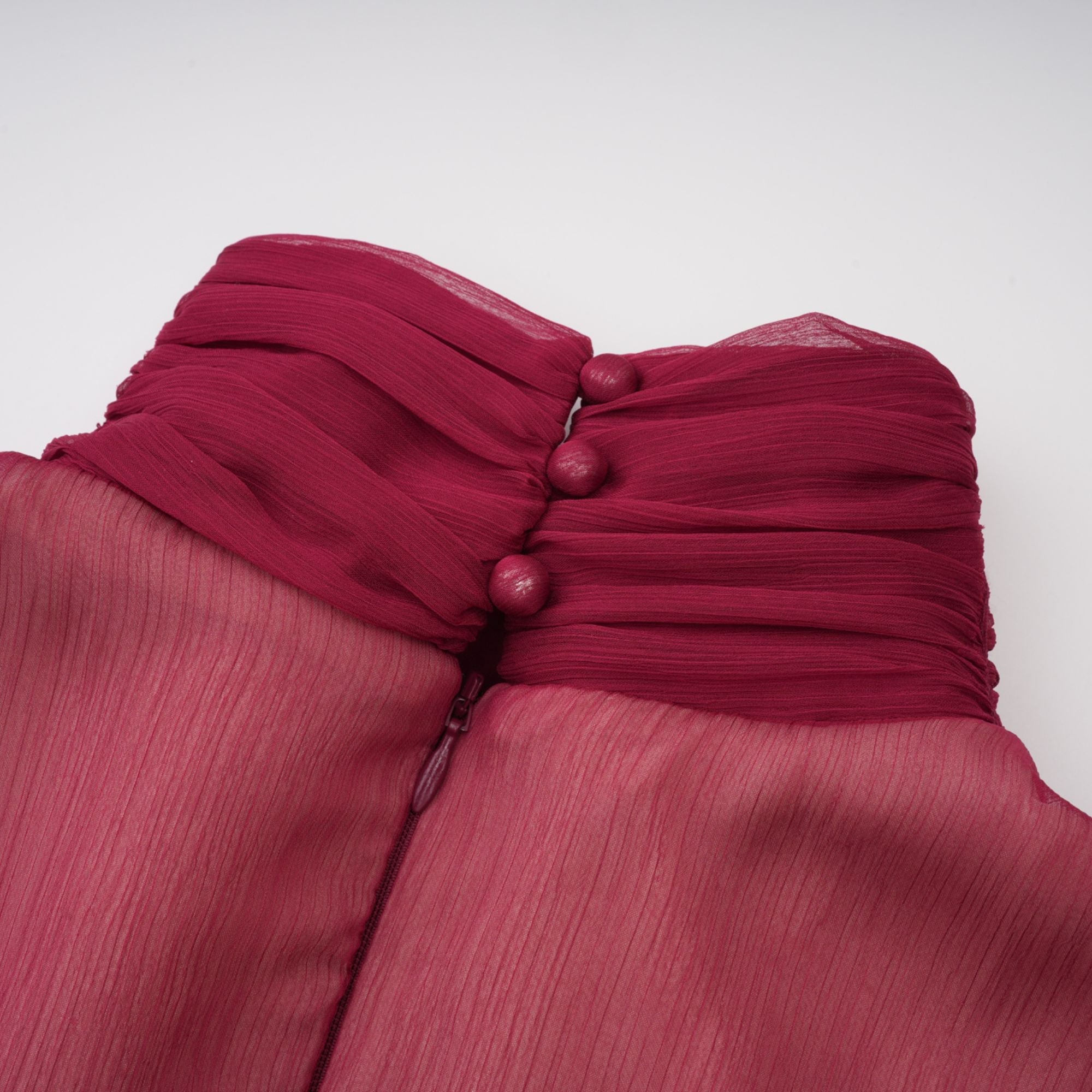 Théa Asymmetrical Ruched Mini Dress Mock Neck Long Sleeve Detail Burgundy